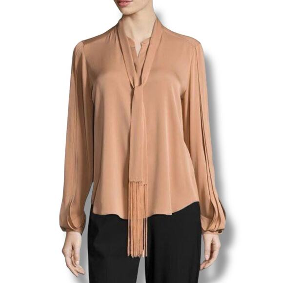 Kobi Halperin Tops - Kobi Halpern Tara Blouse Silk Women Sz Large Long Sleeve Fringed Tie Neck Copper